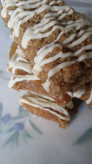 Lemon Curd and White Chocolate Drizzled Flapjack.